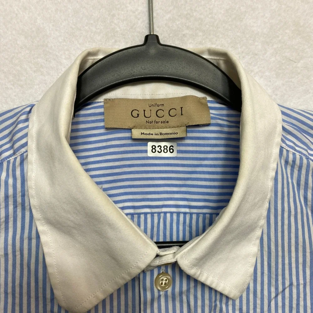 GUCCI Uniform Shirt Mens 16 Blue Long Sleeve White Collar Button Down Stripe